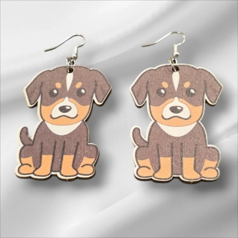 Wooden Dog Dangle Earrings